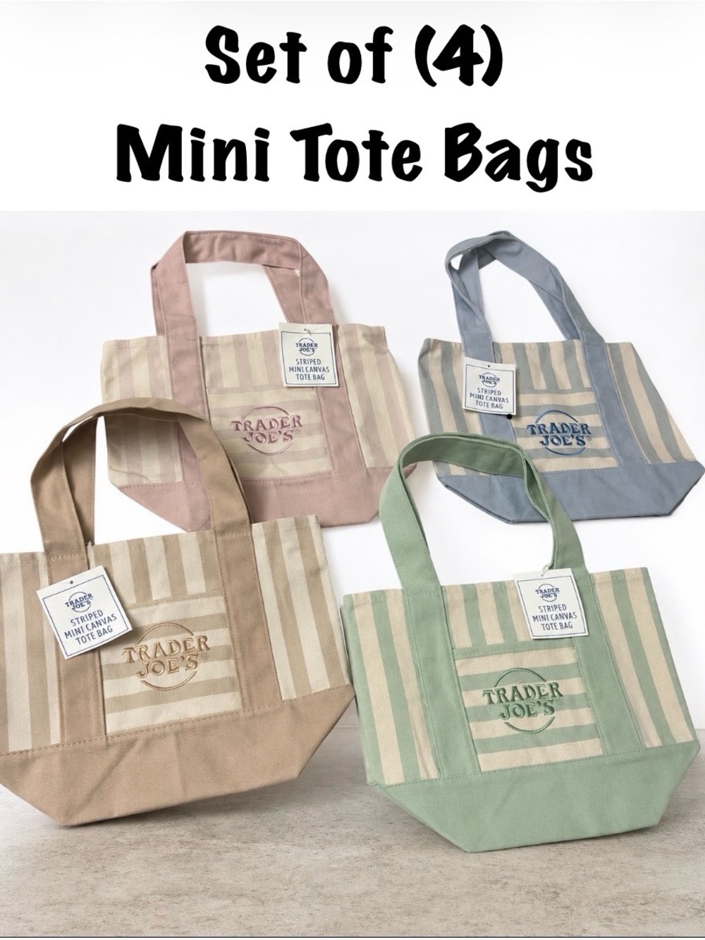 💕NEW Full Set of 4 Trader Joe’s Mini Striped Canvas Tote Bags